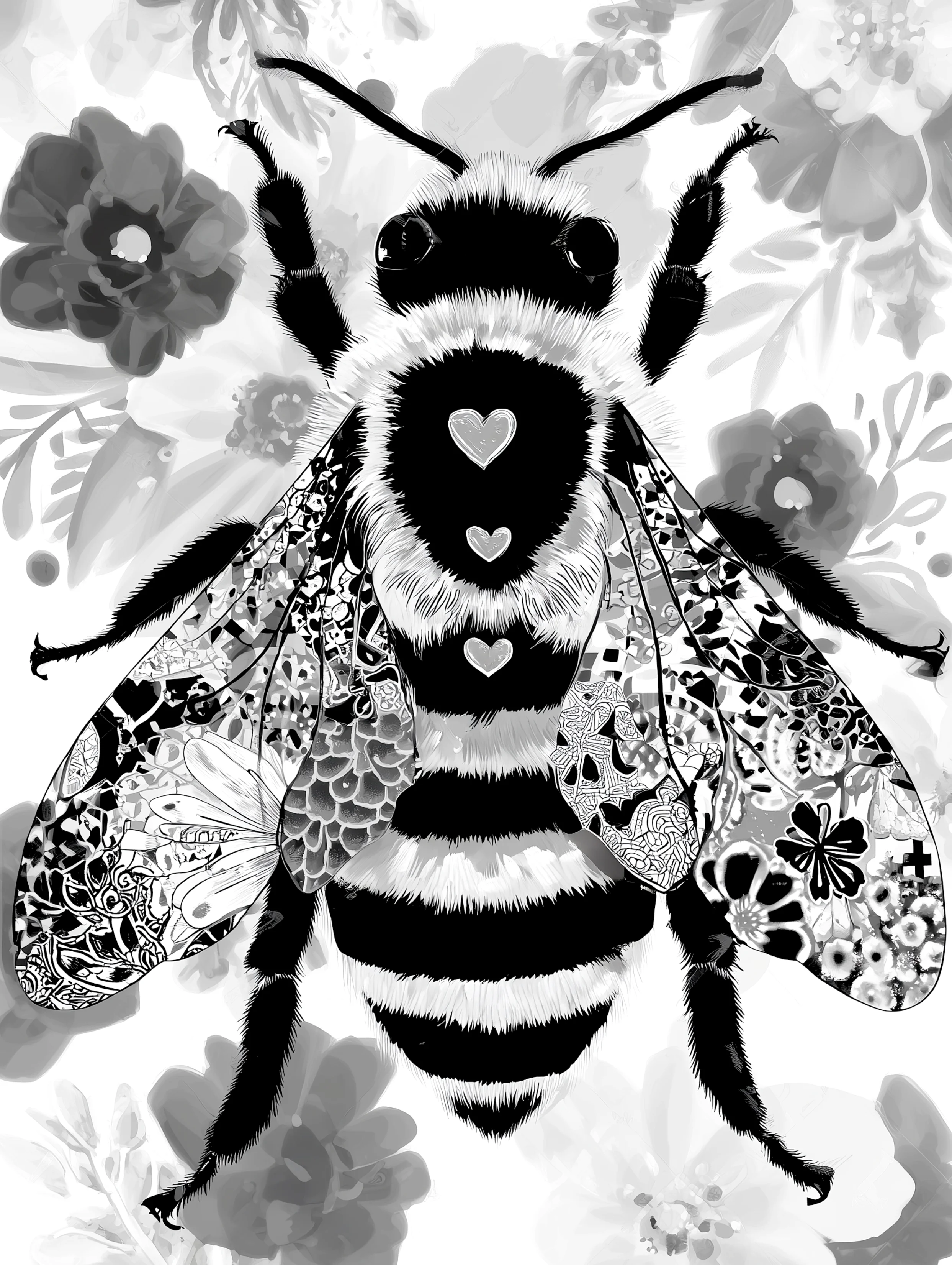 Free printable bee coloring page for adults featuring hearts background bee